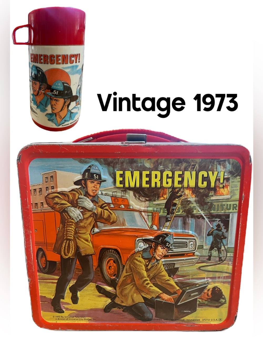 Vintage 1973 'EMERGENCY!' Firefighter Lunchbox with Thermos